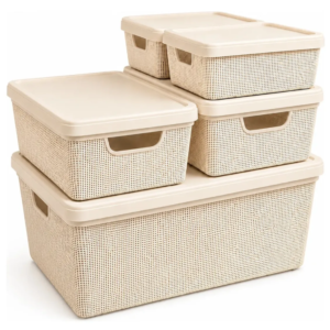 Kit 5 Caixas Organizadoras Cesto Tampa Multiuso BEGE 1,8L 5L e 15L